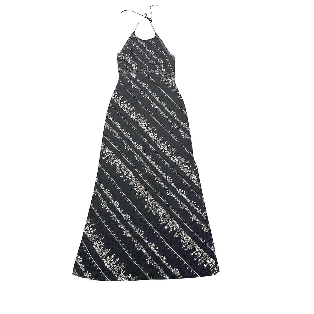 BCBG Max Azria Black Floral Stripe Halter Maxi Dress Crochet Trim Cutout Back - Picture 2 of 8